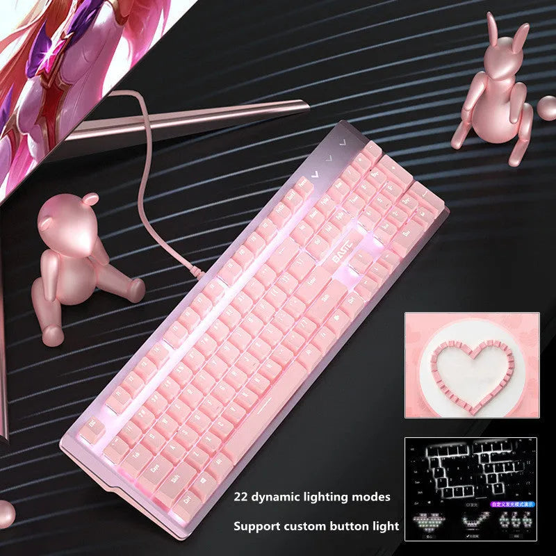 Pink coloured mechanical keyboard and wired mouse set on a desk.