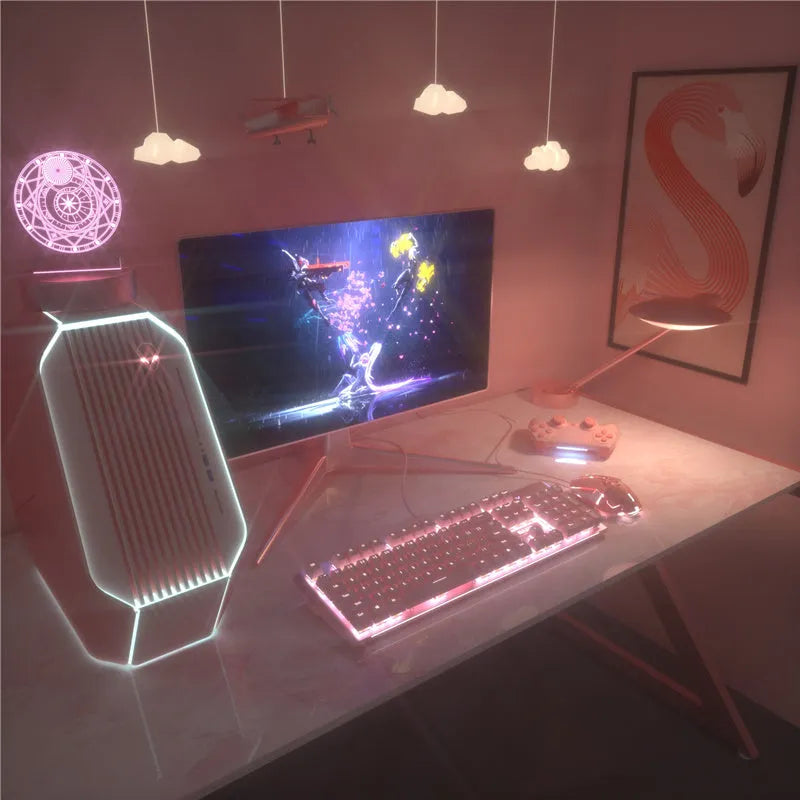 Pink coloured mechanical keyboard and wired mouse set on a desk.