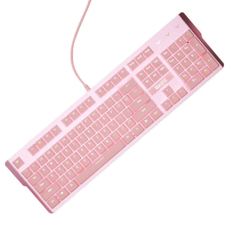 Pink coloured mechanical keyboard and wired mouse set on a desk.
