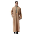 Men's Muslim Arab robe TH810 with stand collar and applique detailing in hemp blended fabric, beige colour