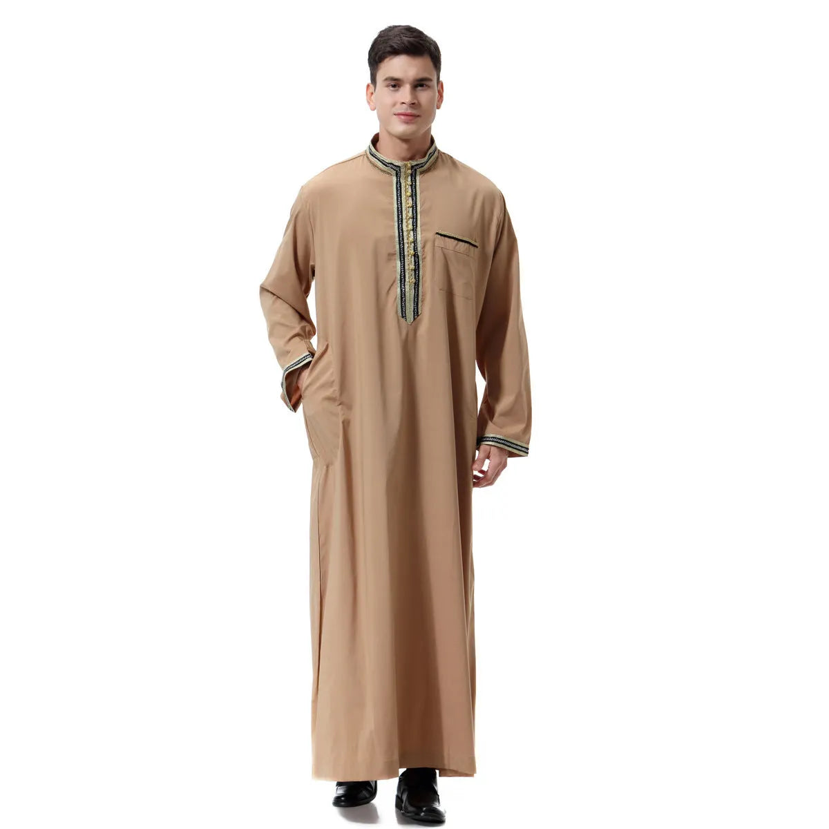 Men's Muslim Arab robe TH810 with stand collar and applique detailing in hemp blended fabric, beige colour