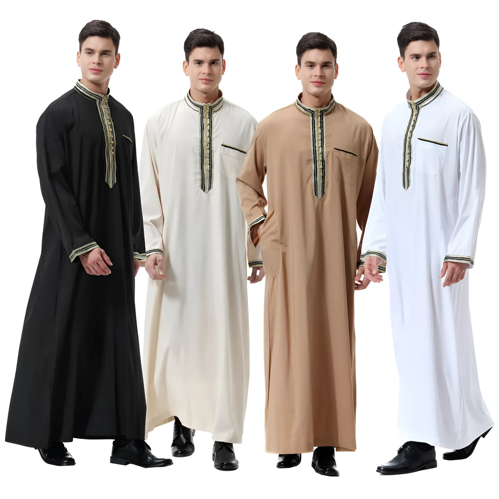 Men's Muslim Arab robe TH810 with stand collar and applique detailing in hemp blended fabric, beige colour