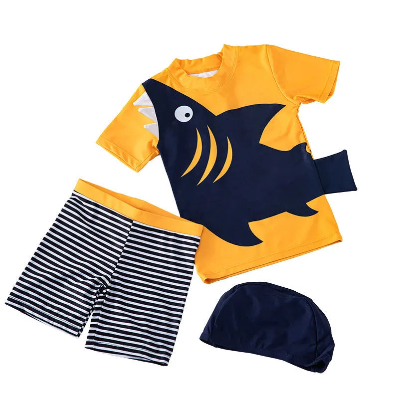 Children's swim top in Big mouth fish pattern, split design, quick-drying polyester with cotton lining