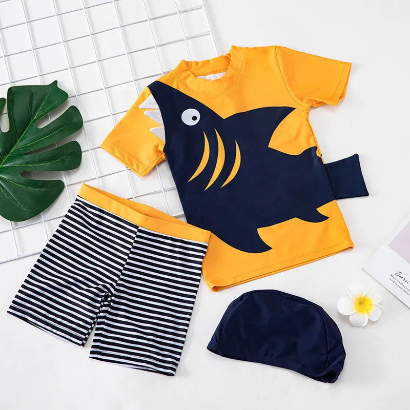 Children's swim top in Big mouth fish pattern, split design, quick-drying polyester with cotton lining