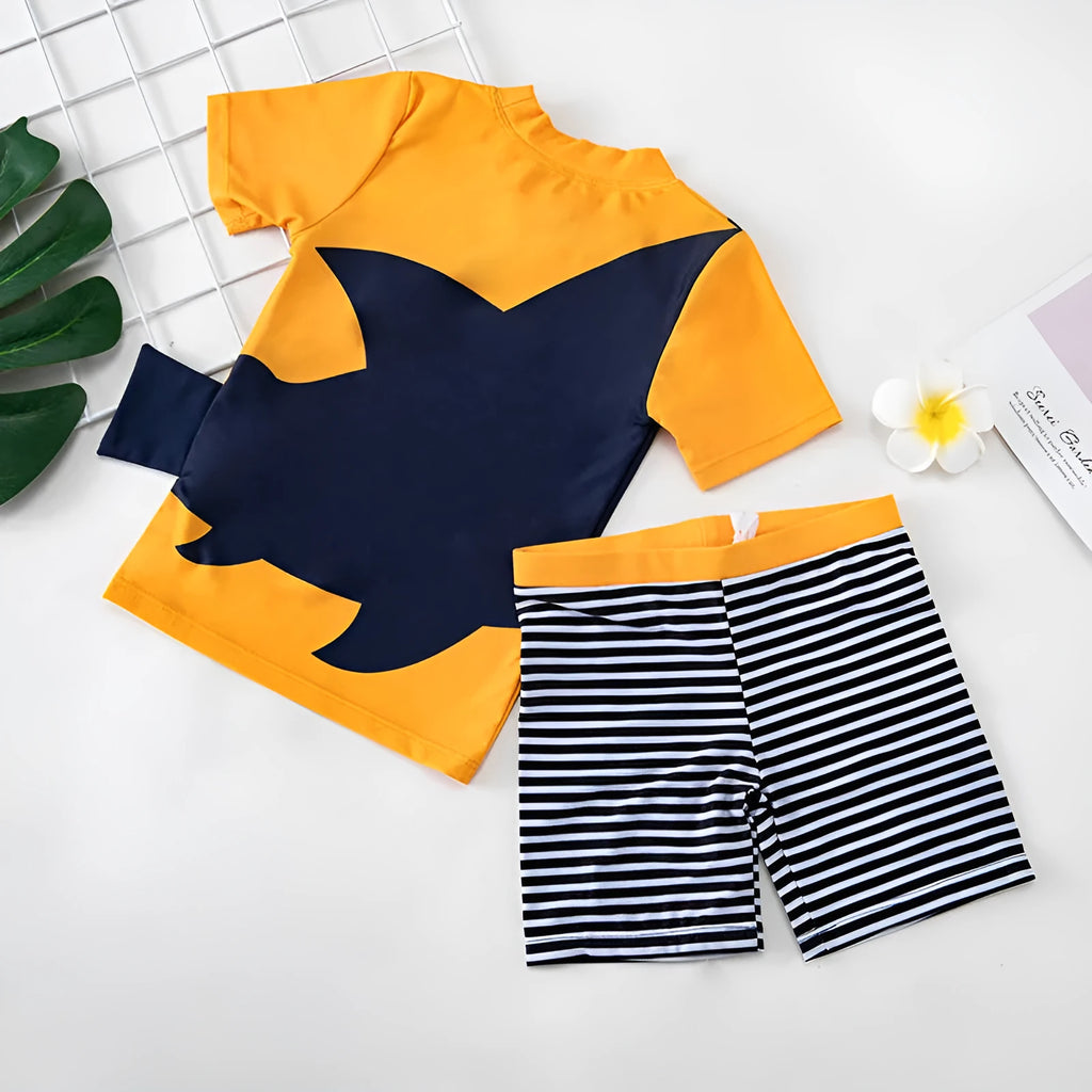 Children's swim top in Big mouth fish pattern, split design, quick-drying polyester with cotton lining