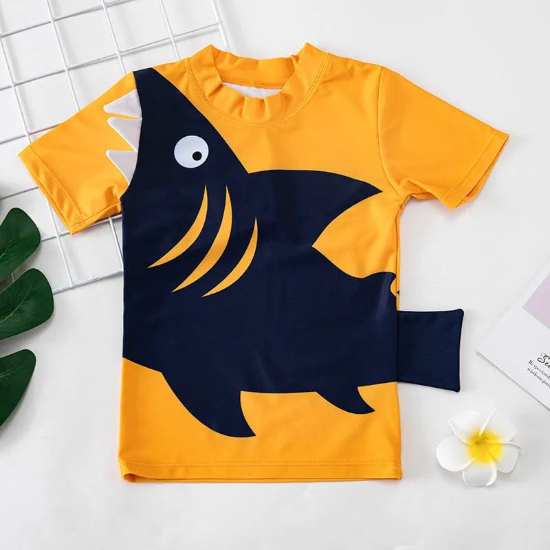 Children's swim top in Big mouth fish pattern, split design, quick-drying polyester with cotton lining