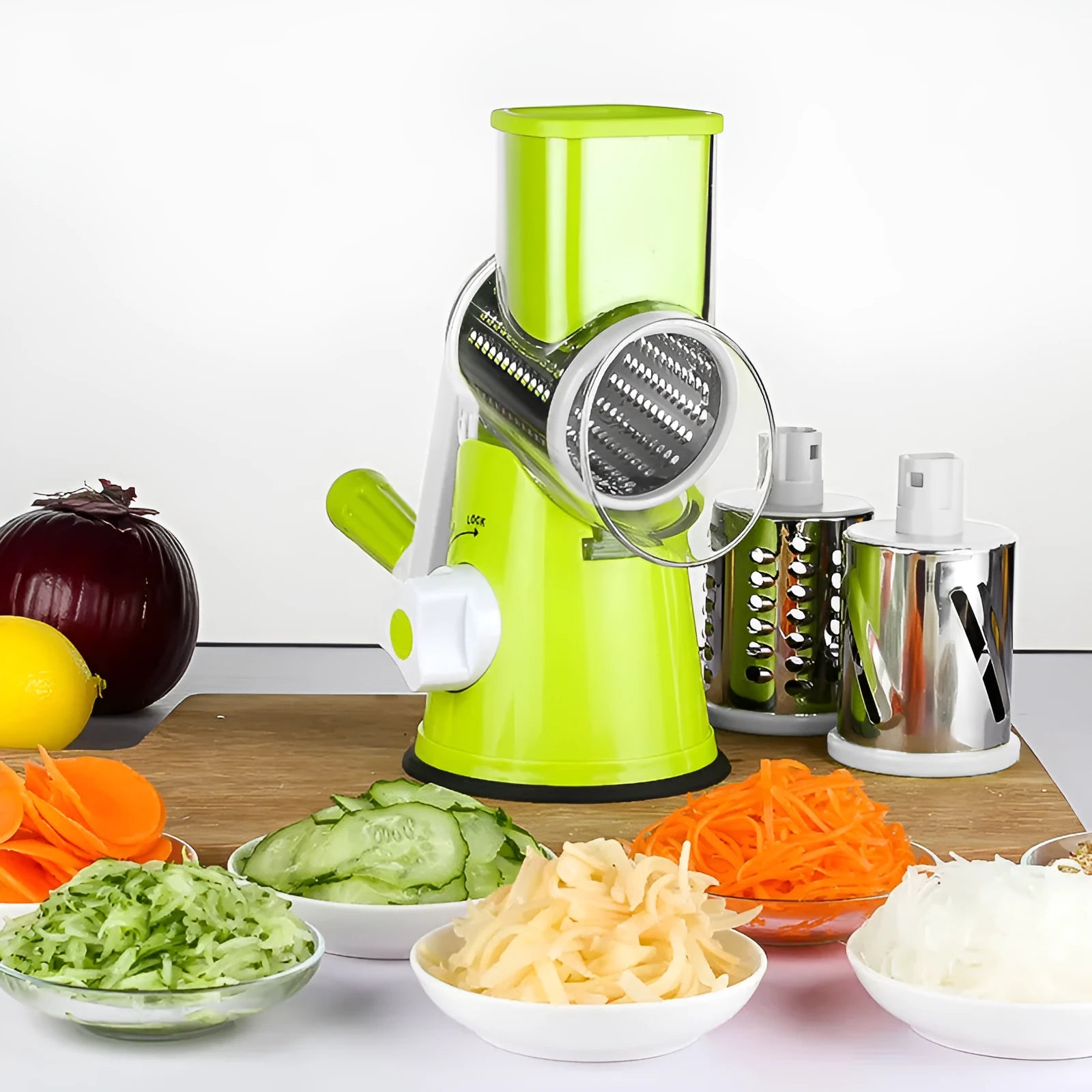 Multi-function vegetable chopper kitchen gadget with slicer blades in blue, green, red or white
