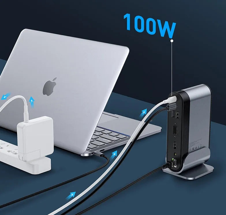 Deep space grey 16-in-1 USB-C laptop docking station with multiple ports on a desk.