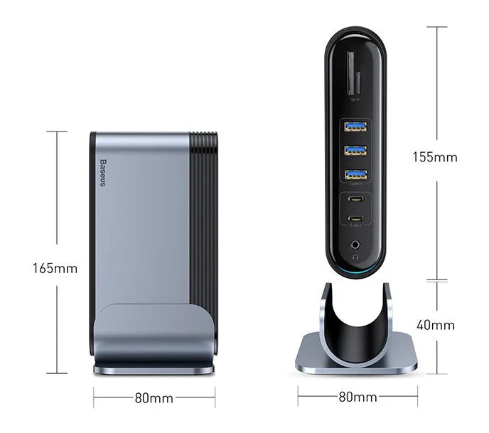 Deep space grey 16-in-1 USB-C laptop docking station with multiple ports on a desk.