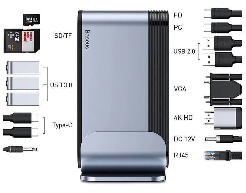 Deep space grey 16-in-1 USB-C laptop docking station with multiple ports on a desk.