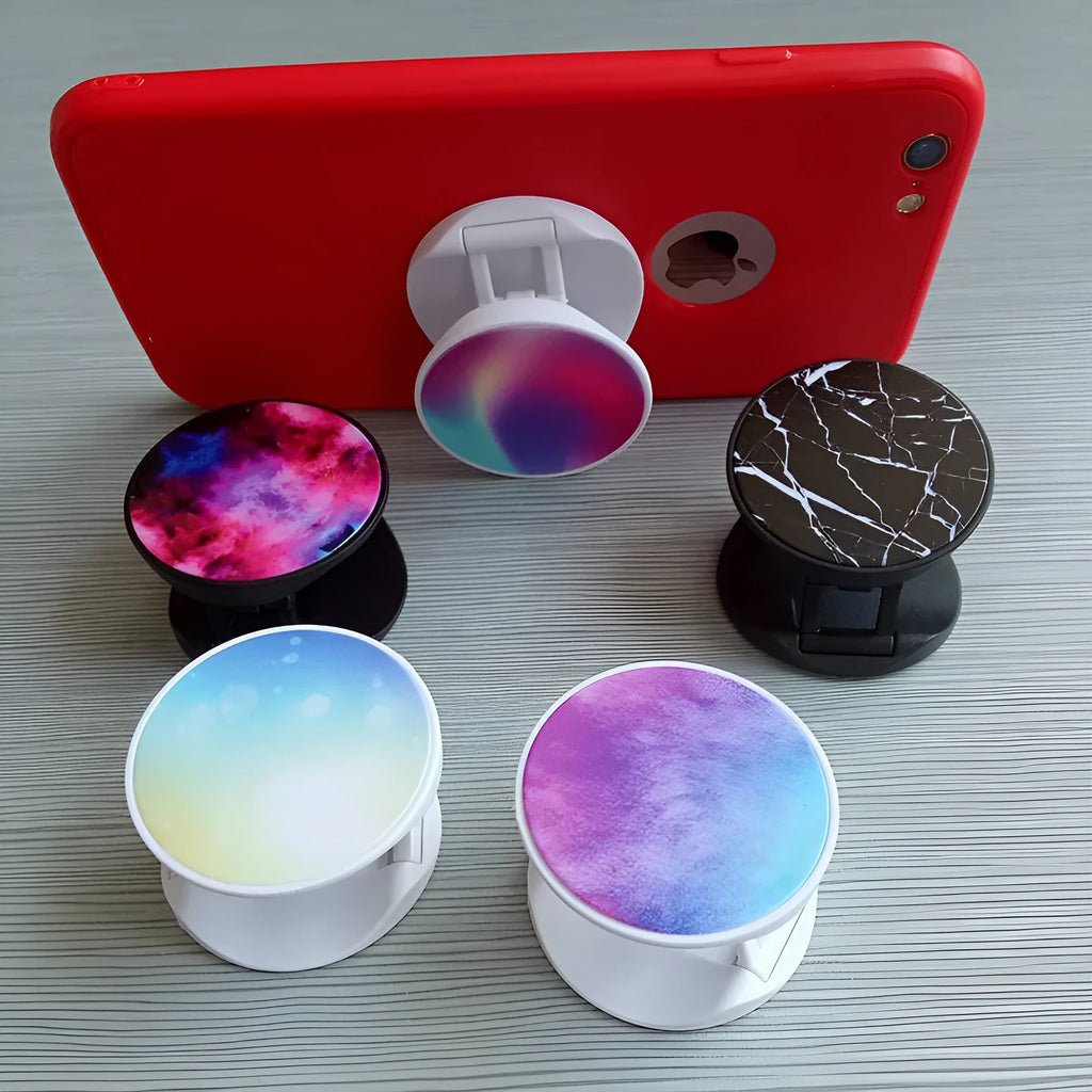 Folding mobile phone holder in solid colour with thermal transfer aluminium sheet option on desktop
