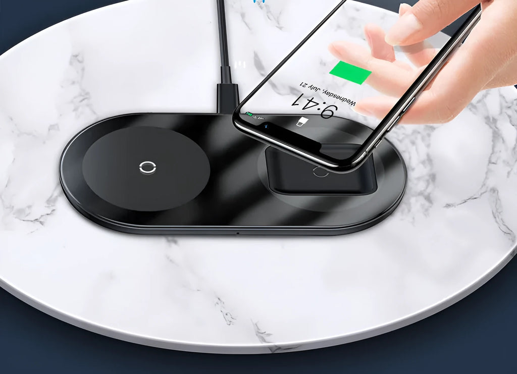 Baseus minimalist two-in-one wireless charger pro version for phones and pods in black, white, or transparent.