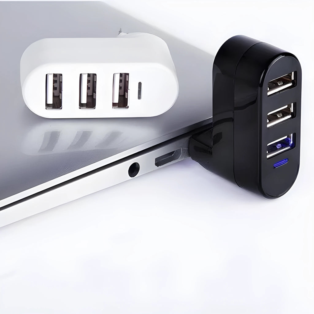 Black and white USB 2.0 hub with 4 ports and spinning colour design element