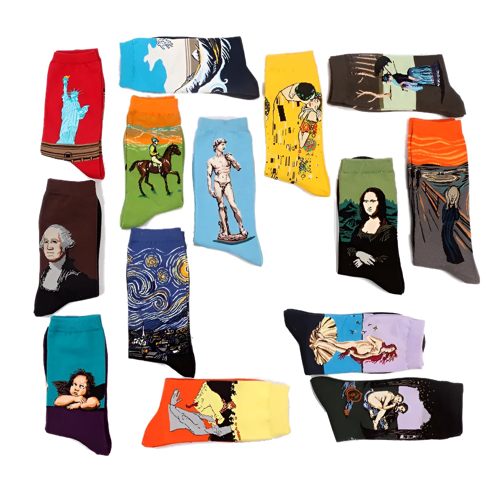 Men's cotton mid-calf socks with retro oil painting art print, free size 39-44, shown on plain background