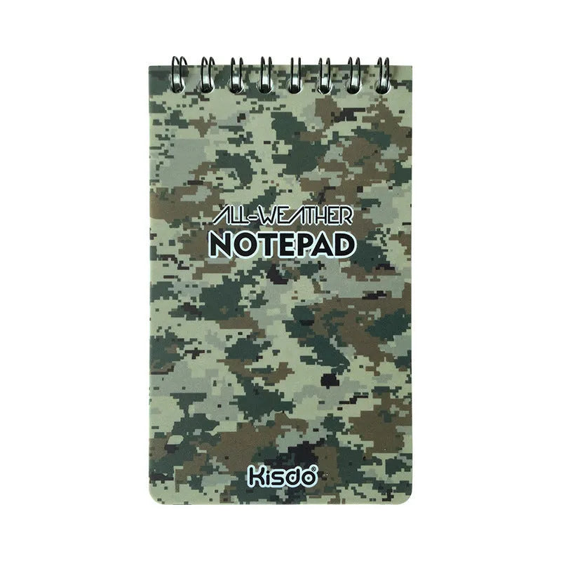 A5 spiral-bound waterproof notepad in camouflage colour, showing PP cover and stone paper pages.