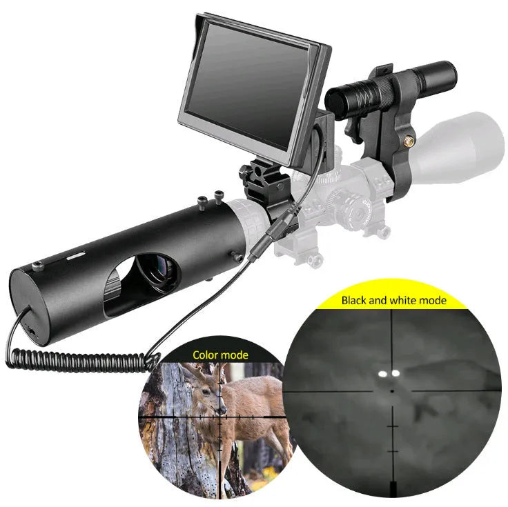 Black digital night vision goggles with 5 inch LCD screen and independent infrared transmitter