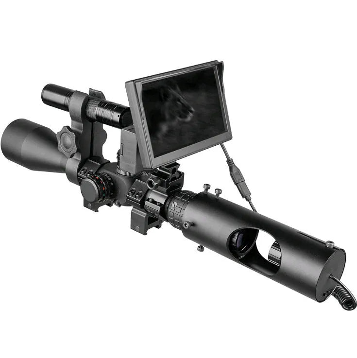 Black digital night vision goggles with 5 inch LCD screen and independent infrared transmitter