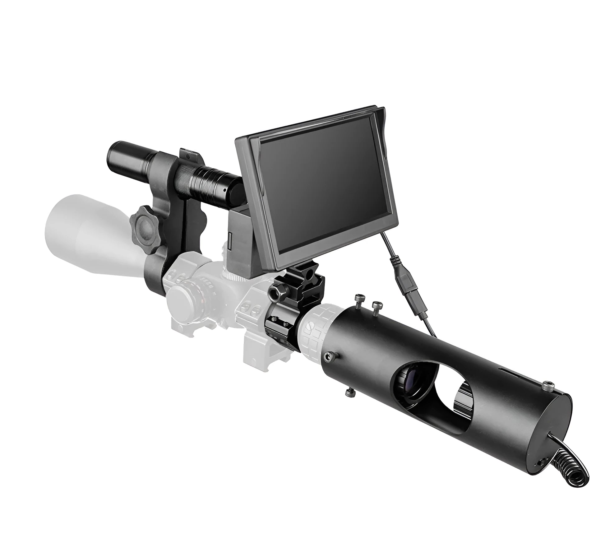 Black digital night vision goggles with 5 inch LCD screen and independent infrared transmitter