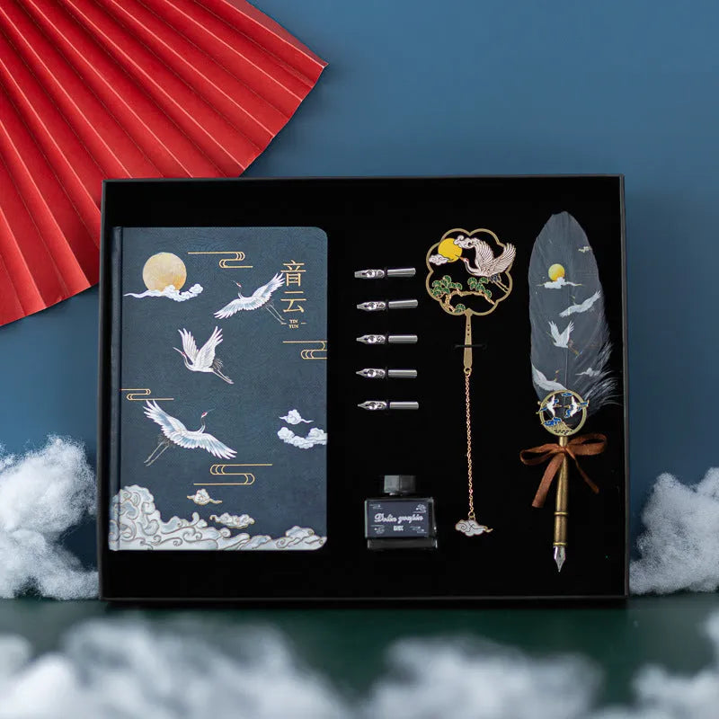 Chinese-style feather pen set with metal sheath and notebook, showing feather colour options Linghe, Songhe, Yunhe, Guihe.