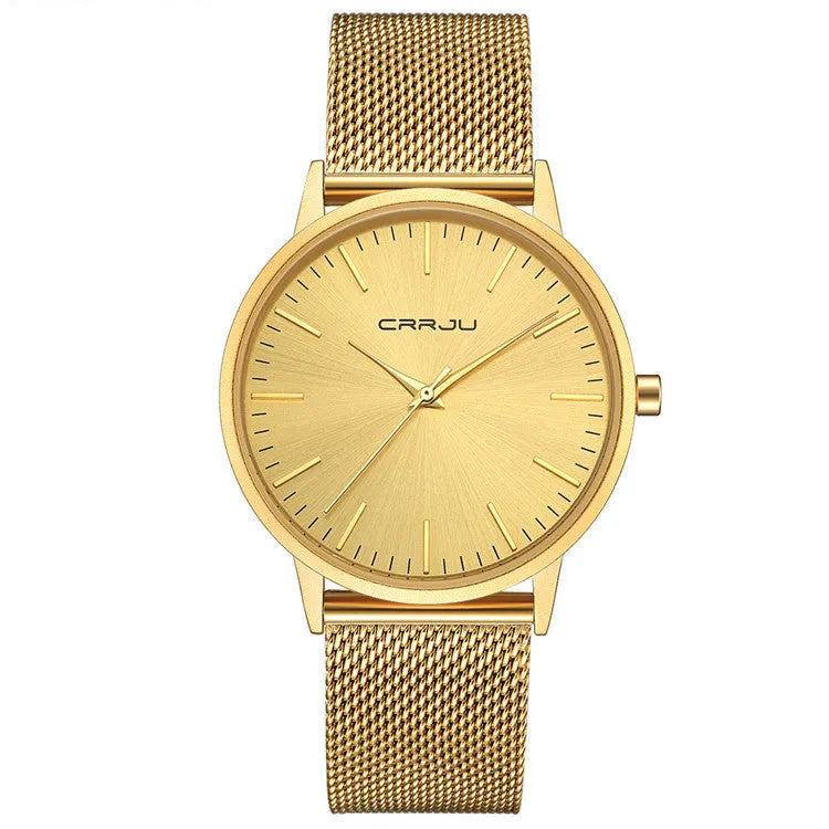 Casual unisex quartz watch with alloy case and choice of black or gold mesh or leather strap.