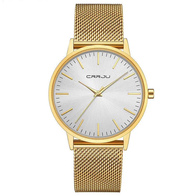 Casual unisex quartz watch with alloy case and choice of black or gold mesh or leather strap.