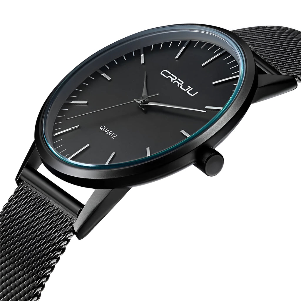 Casual unisex quartz watch with alloy case and choice of black or gold mesh or leather strap.