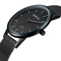 Casual unisex quartz watch with alloy case and choice of black or gold mesh or leather strap.