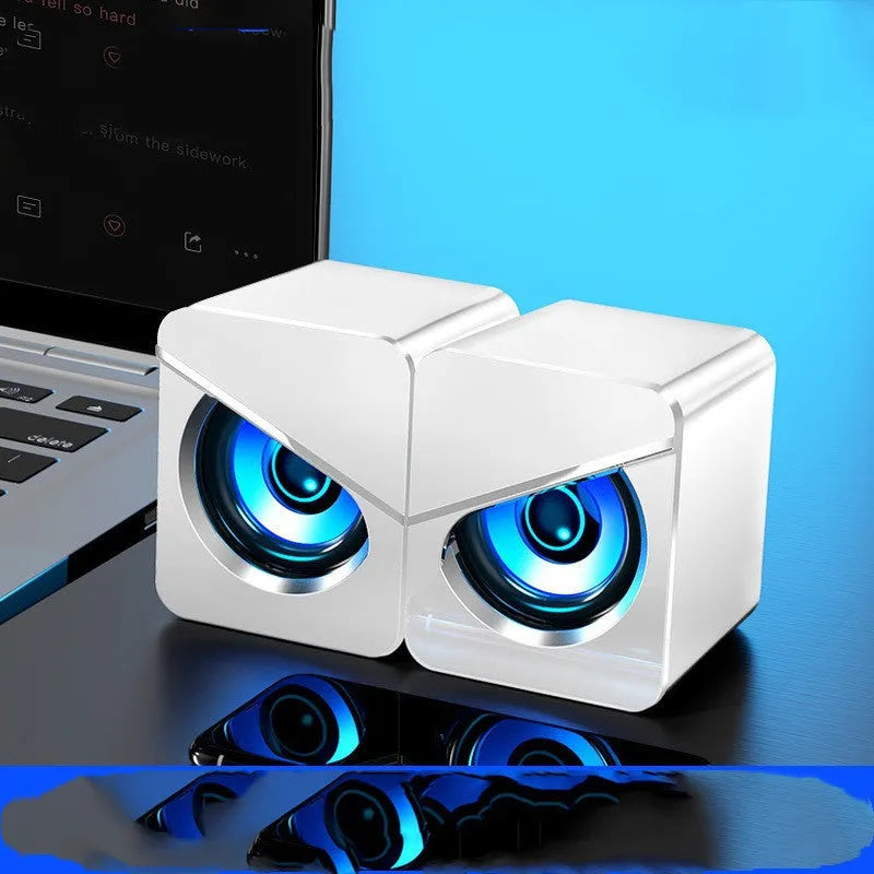 Black and white USB desktop computer speakers with 3.5mm jack connection