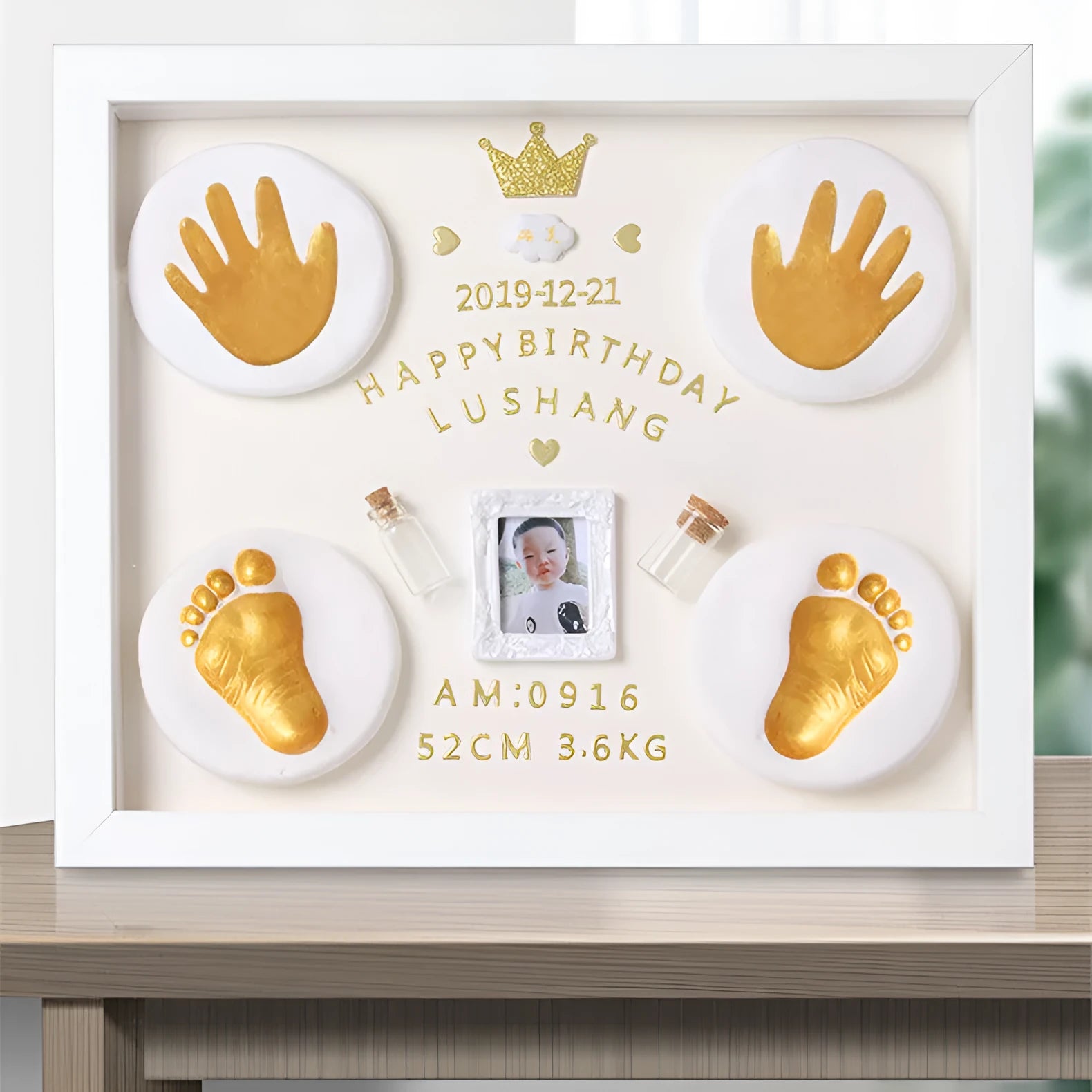 Modern baby hand and foot print anniversary photo frame in black, pink or white colour options