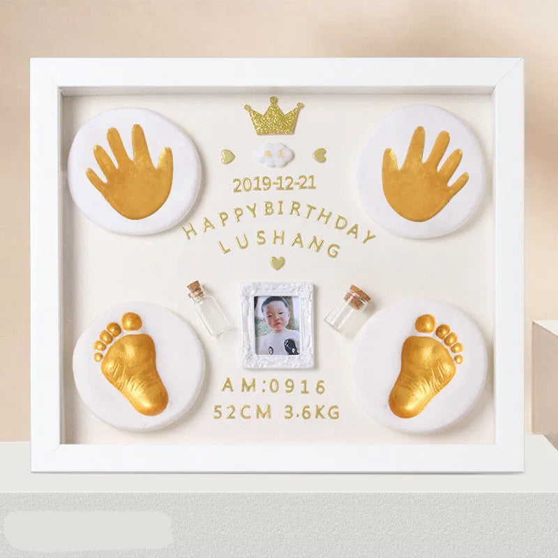 Modern baby hand and foot print anniversary photo frame in black, pink or white colour options