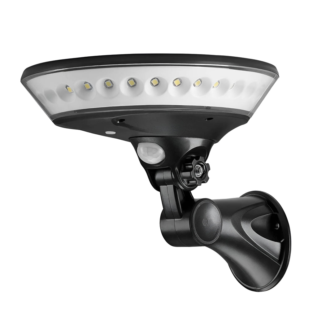 White 360-degree solar-powered security light with motion sensor, mounted on a wall.