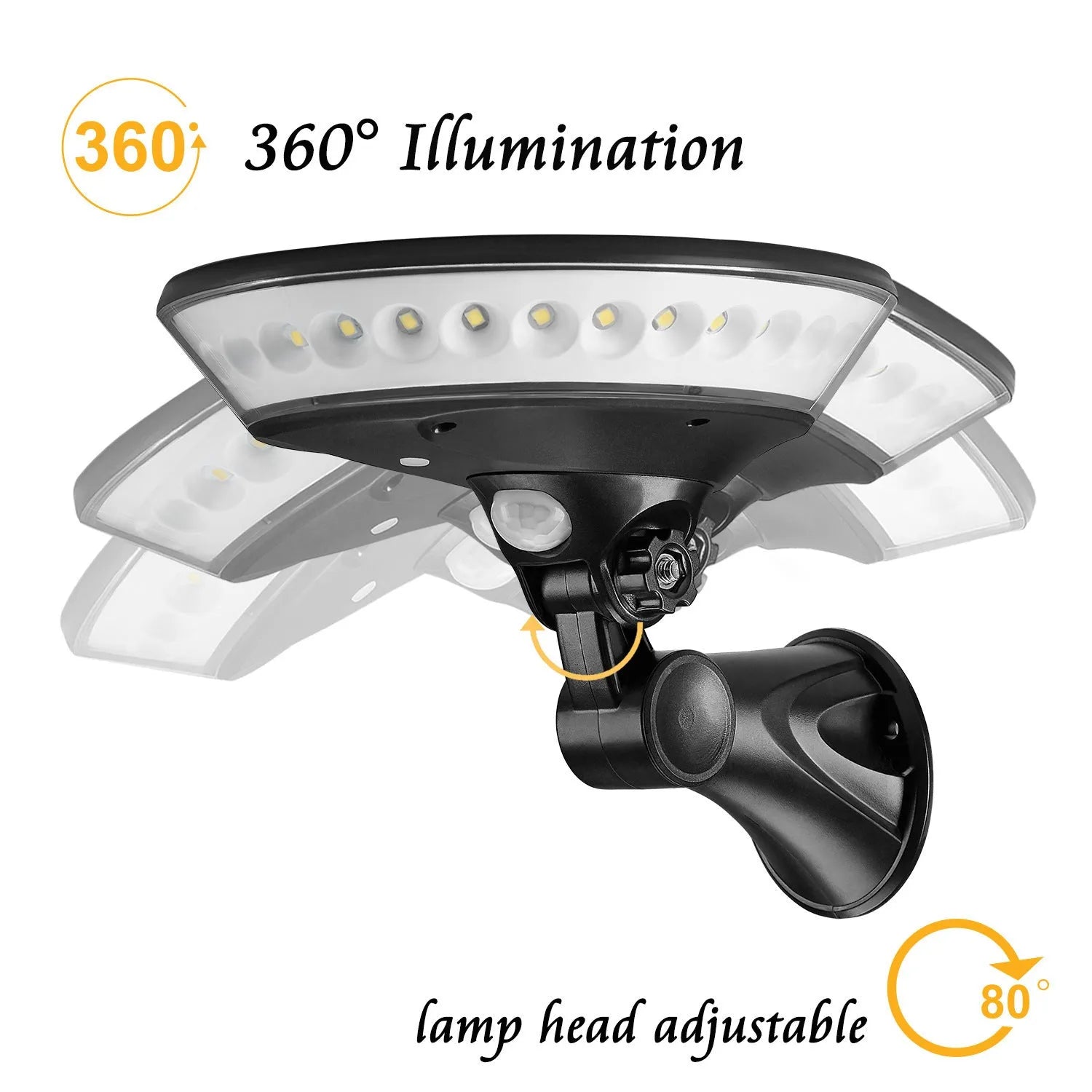 White 360-degree solar-powered security light with motion sensor, mounted on a wall.