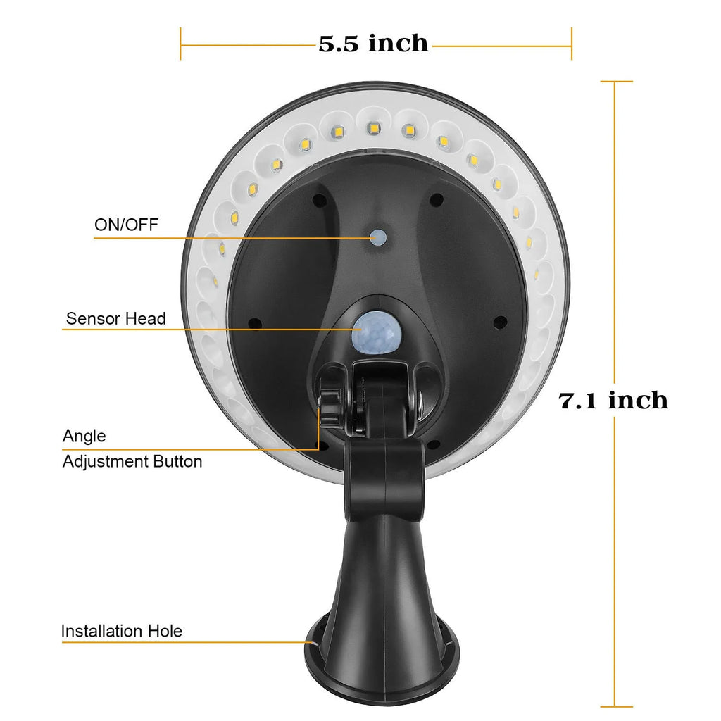 White 360-degree solar-powered security light with motion sensor, mounted on a wall.