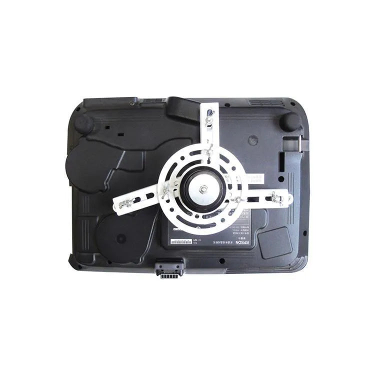 White electric projector lifting hanger with ultra-thin chassis and wireless remote control on a ceiling