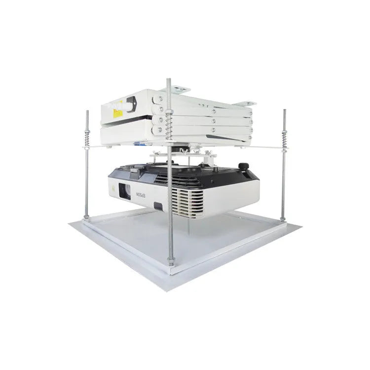 White electric projector lifting hanger with ultra-thin chassis and wireless remote control on a ceiling