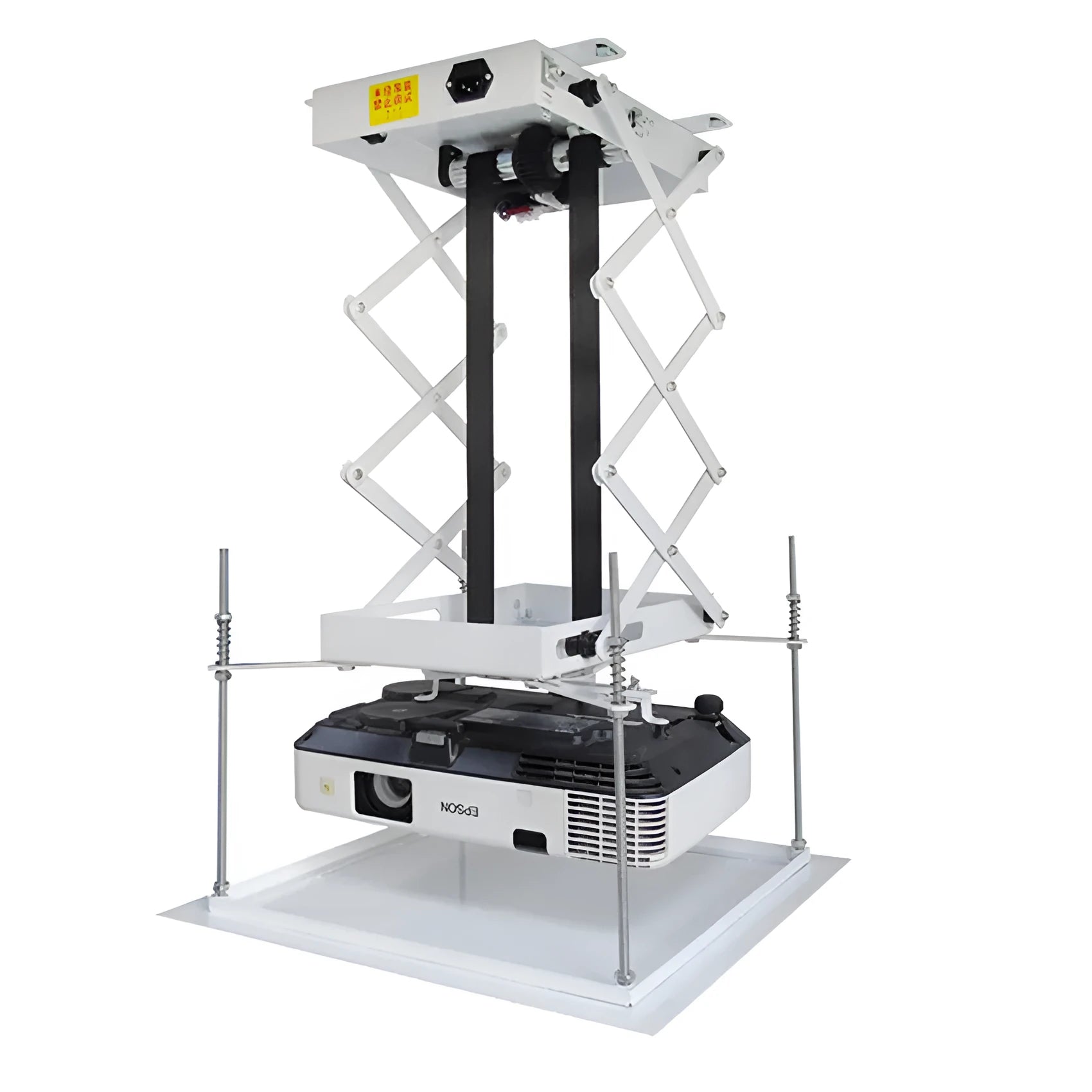 White electric projector lifting hanger with ultra-thin chassis and wireless remote control on a ceiling