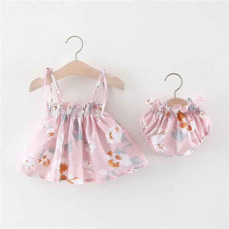 Baby summer cotton dress with flower pattern in blue, pink, and yellow, sizes 70cm to 100cm