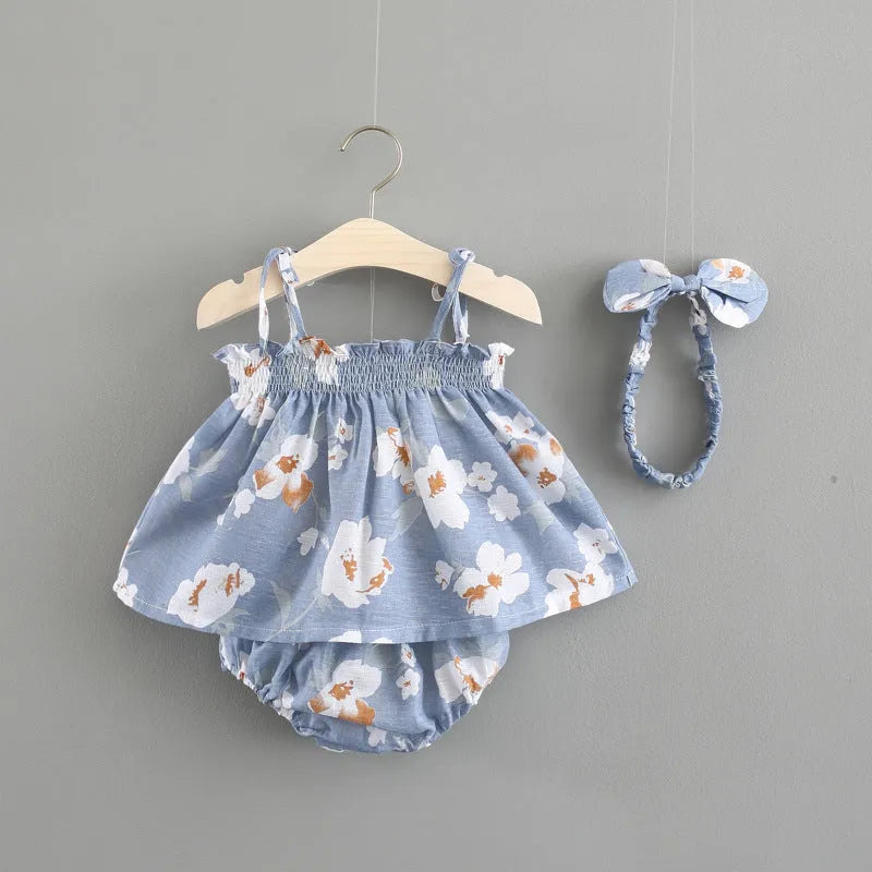 Baby summer cotton dress with flower pattern in blue, pink, and yellow, sizes 70cm to 100cm