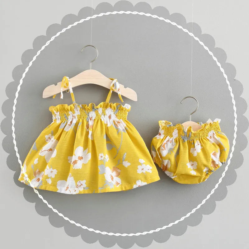 Baby summer cotton dress with flower pattern in blue, pink, and yellow, sizes 70cm to 100cm