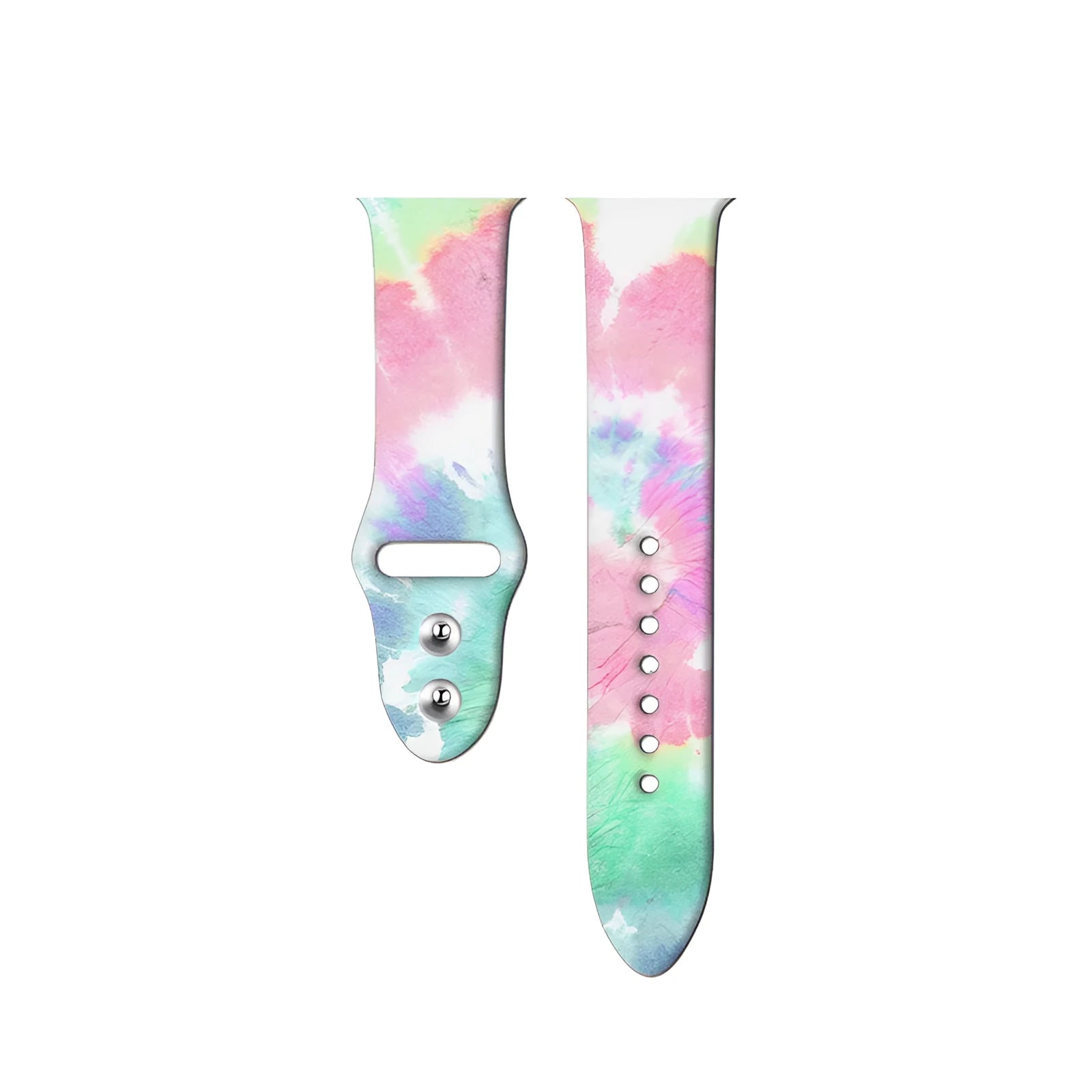 Silicone Apple Watch band with colourful tie-dye pattern showing both standard and long size options