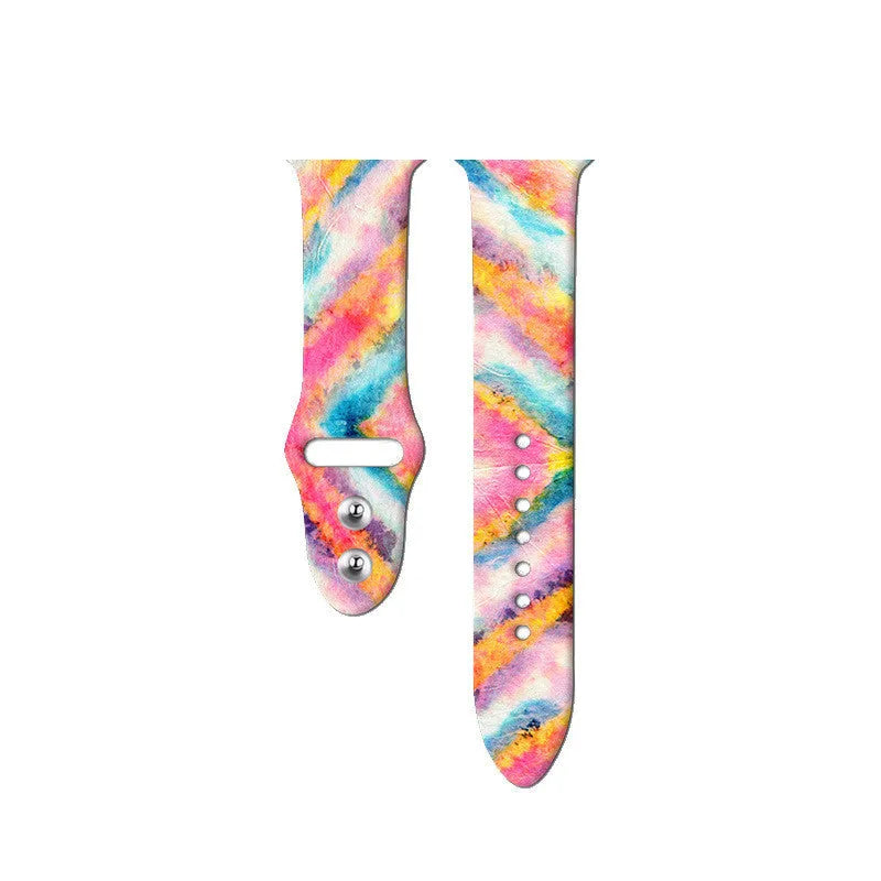 Silicone Apple Watch band with colourful tie-dye pattern showing both standard and long size options