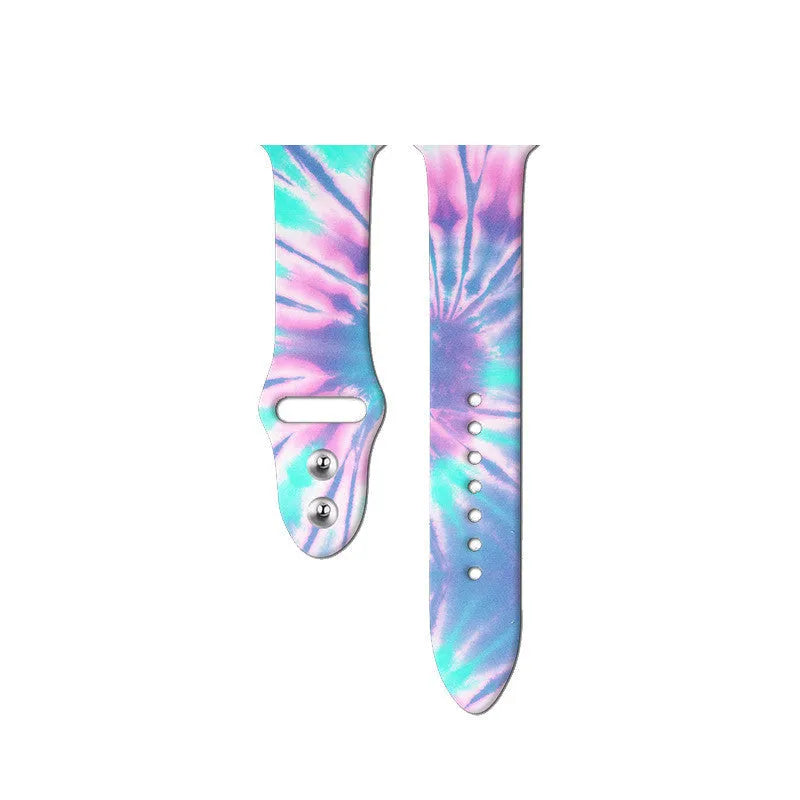 Silicone Apple Watch band with colourful tie-dye pattern showing both standard and long size options