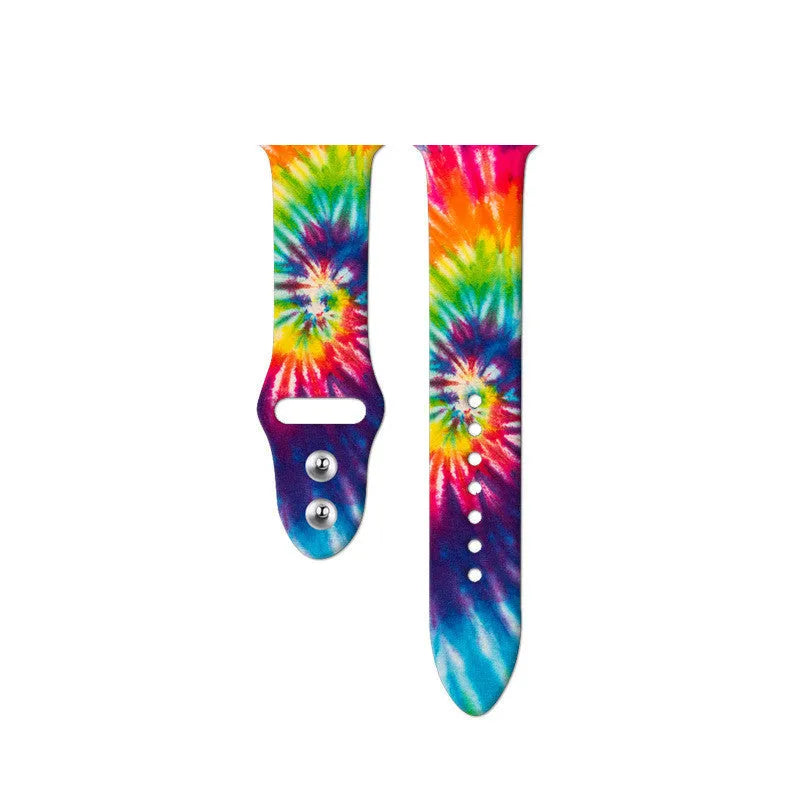 Silicone Apple Watch band with colourful tie-dye pattern showing both standard and long size options
