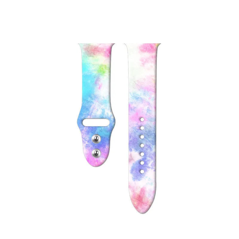 Silicone Apple Watch band with colourful tie-dye pattern showing both standard and long size options