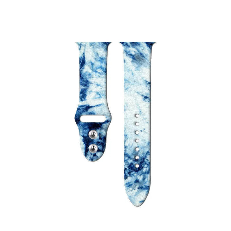 Silicone Apple Watch band with colourful tie-dye pattern showing both standard and long size options