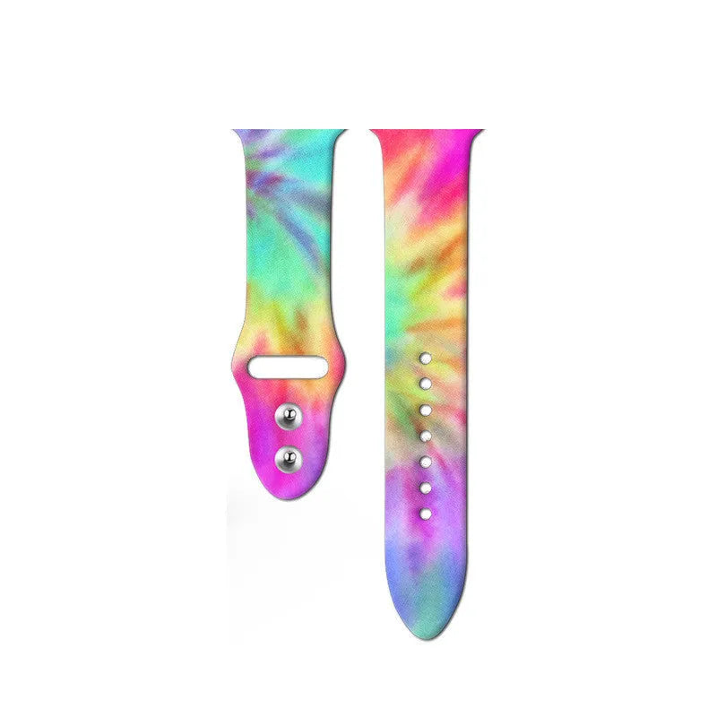 Silicone Apple Watch band with colourful tie-dye pattern showing both standard and long size options