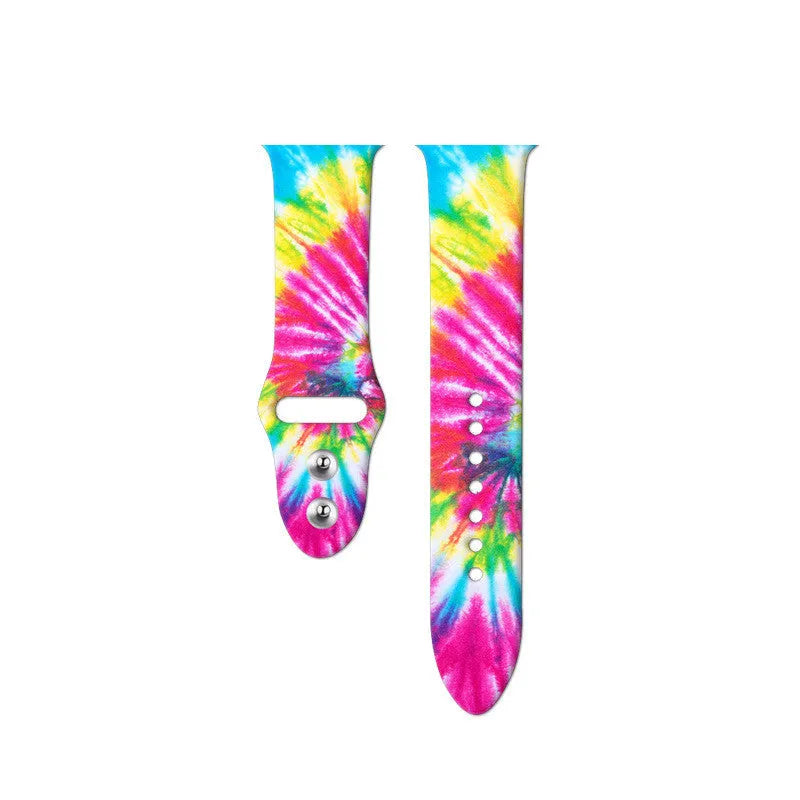 Silicone Apple Watch band with colourful tie-dye pattern showing both standard and long size options