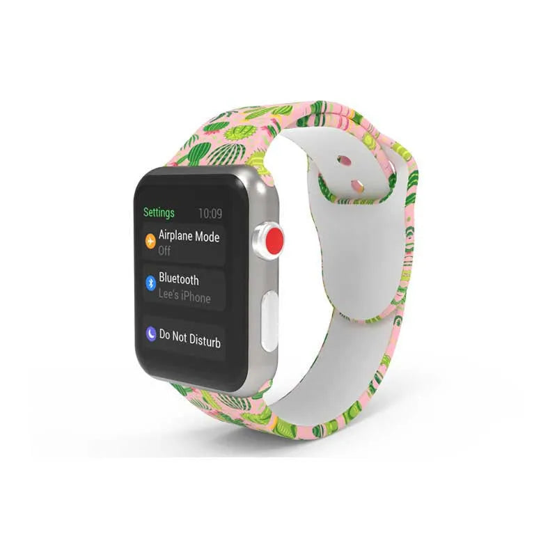 Silicone Apple Watch band with colourful tie-dye pattern showing both standard and long size options