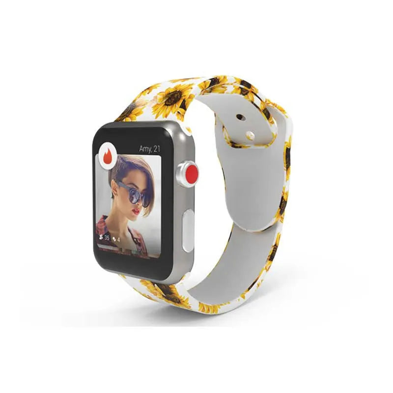 Silicone Apple Watch band with colourful tie-dye pattern showing both standard and long size options