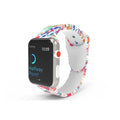 Silicone Apple Watch band with colourful tie-dye pattern showing both standard and long size options